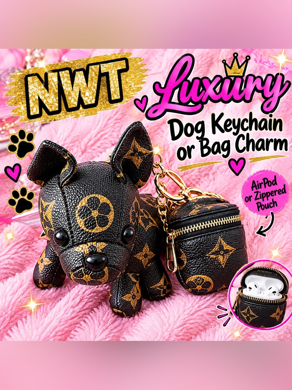 Epi leather Luxury-Inspired Black & Gold Bulldog Coin Purse